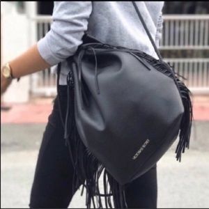 Victorias Secret Black Fringe Drawstring Backpack